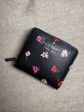 kate spade Black Floral Zip Wallet with Pink & Red Accents